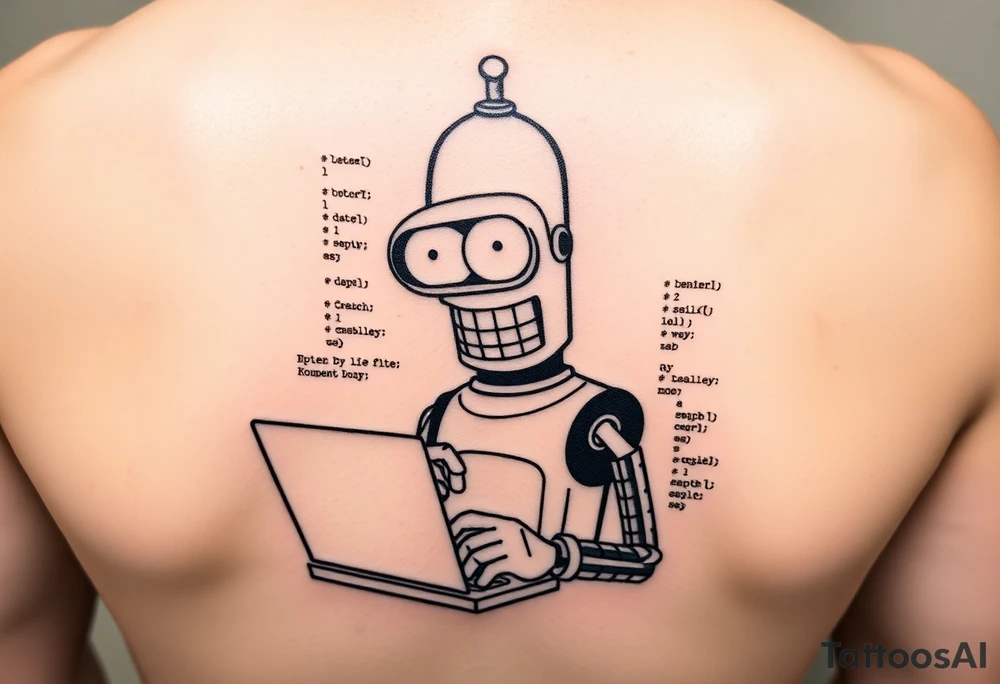 Tattoo design of a humorous robot inspired by Bender from Futurama, holding a laptop or typing on a keyboard, surrounded by lines of code in a programming language like C#. tattoo idea
