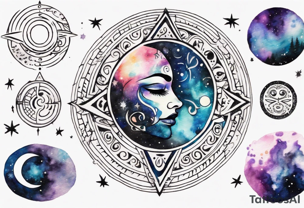 Shoulder to shoulder, moon phase,  across chest, Tribal Tattoo design that depicts with tribal patterns, Cancer symbol, geometric swirls, mesmerizing blend of vibrant watercolor splatter, stars, and galaxies, dreamy and otherworldly effect, solar system,astronomy tattoo idea