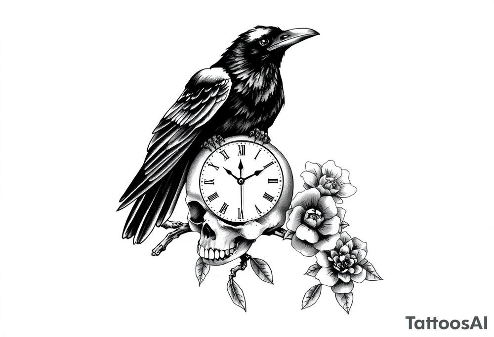 raven looking over its shoulder on a branch skull and clock and flower tattoo idea