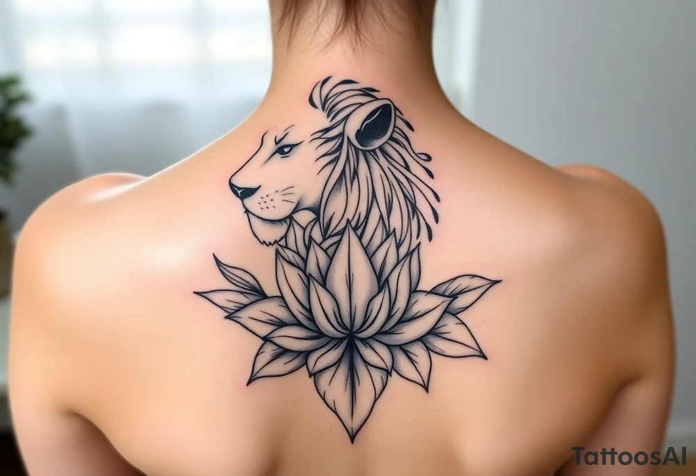 Simple lioness with lotus flower tattoo idea