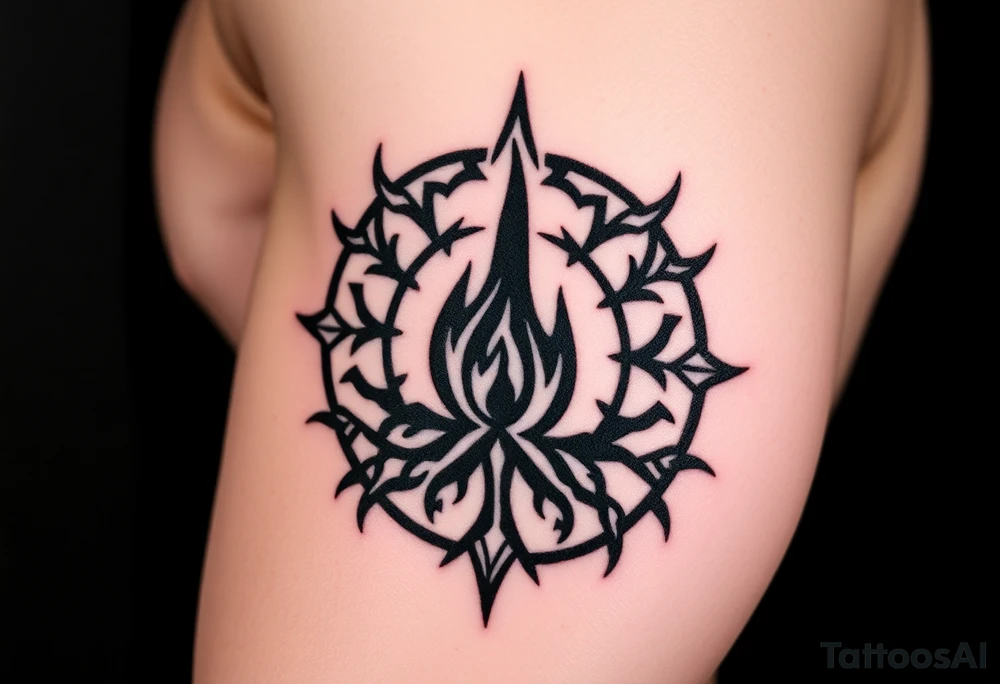 a flame imprisoned in a roots circle tattoo idea