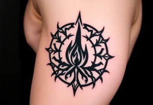 a flame imprisoned in a roots circle tattoo idea