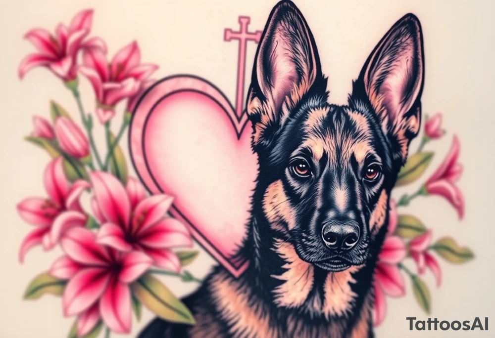 realistic german shepherd with alert ears looking protective surrounded by pink lilies with leaves in front of a sacred heart tattoo idea