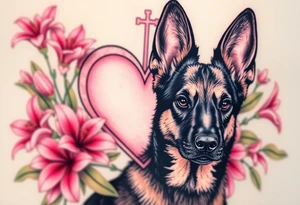 realistic german shepherd with alert ears looking protective surrounded by pink lilies with leaves in front of a sacred heart tattoo idea