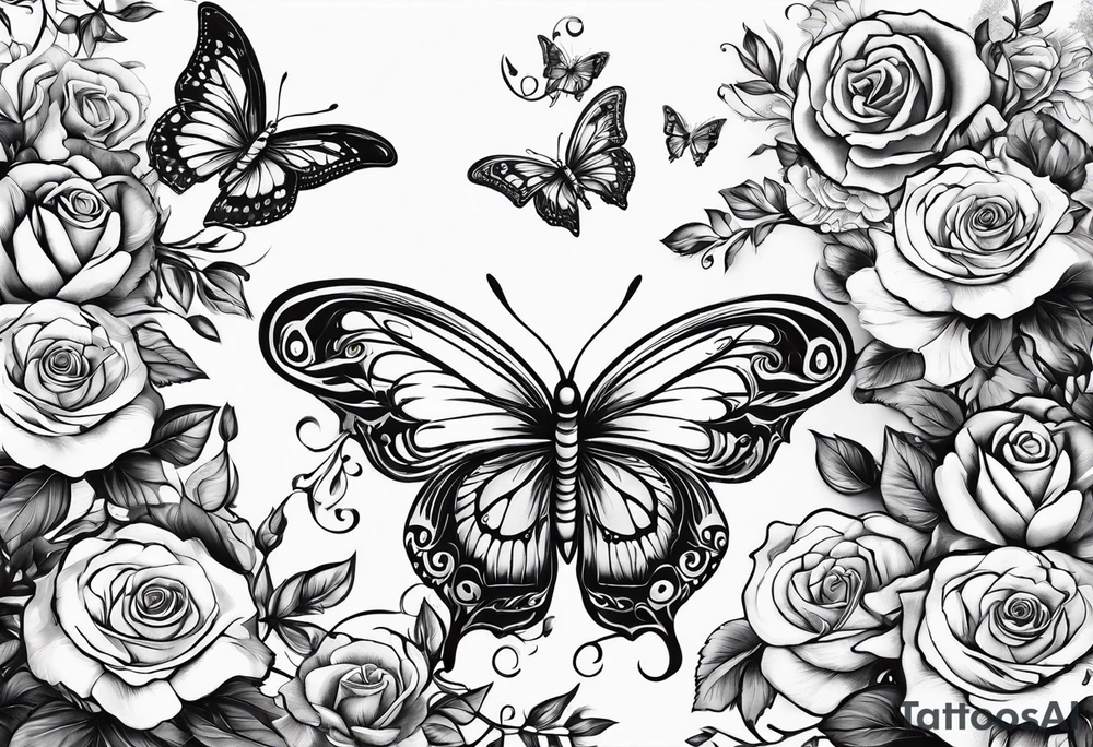 Butterflies flying with roses & filligree tattoo idea