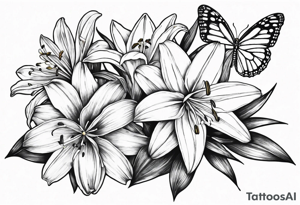Fine line
lily daisy and daffodil bouquet with butterfly 6-8 inches bi tattoo idea