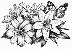 Fine line 
lily daisy and daffodil bouquet with butterfly 6-8 inches bi tattoo idea