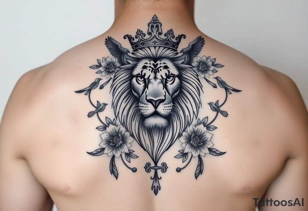 powerful majestic lion with a crown, surrounded by floral ornaments and birds tattoo idea