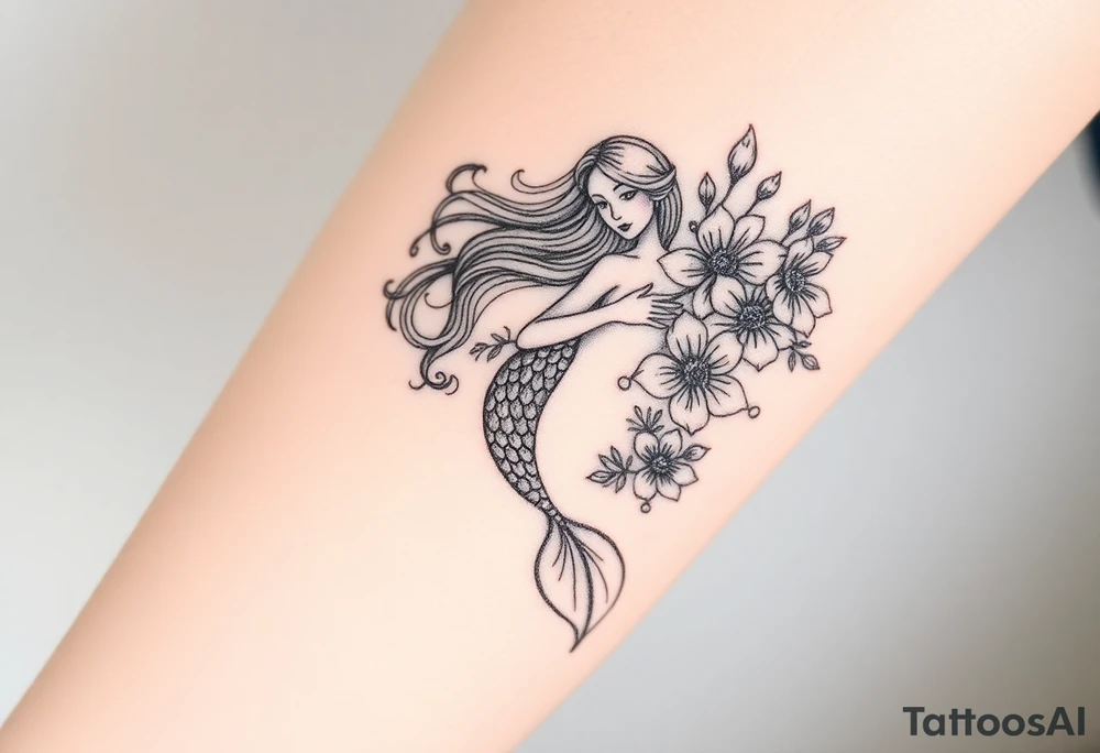 ethereal mermaid with flowing hair among coral and sea flowers tattoo idea