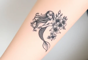 ethereal mermaid with flowing hair among coral and sea flowers tattoo idea