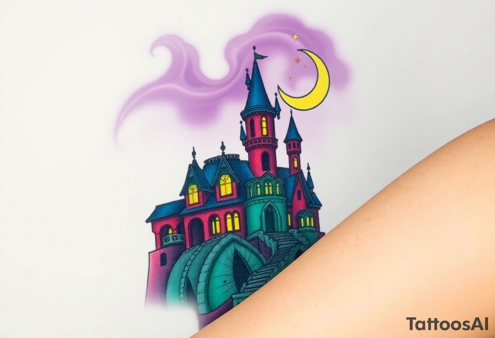 Tim Burton’s disney sleeping beauty’s haunted castle is abandoned and dripping with muted reds, dusty pinks, and eerie green glow.purple and cyan smokey clouds swirl in the crescent moonlit sky thats sprinkled with stars tattoo idea tattoo idea