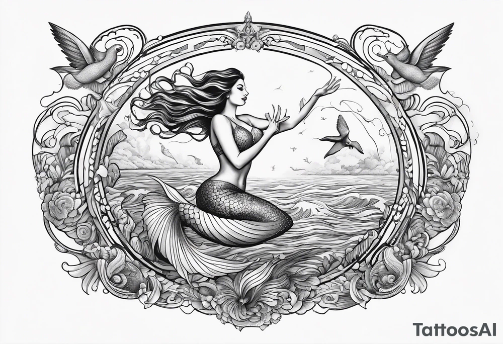 Mermaid jumping to touch pelican in air tattoo idea
