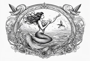 Mermaid jumping to touch pelican in air tattoo idea