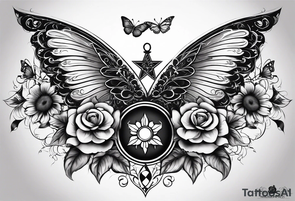 Arm sleeve with Winged cross with sunflower and butterflies tattoo idea
