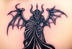 A fierce Hades with a flowing black robe, standing before the gates of the Underworld, his piercing red eyes glowing like embers tattoo idea