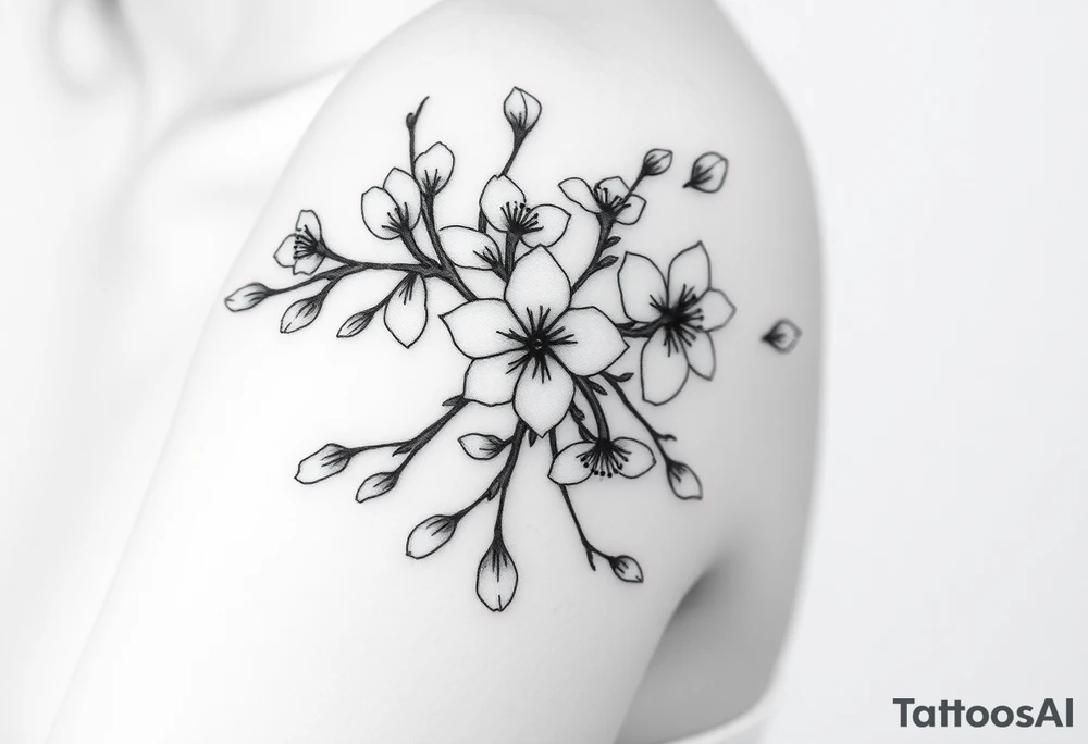 delicate cherry blossoms swirling in spring breeze with petals tattoo idea