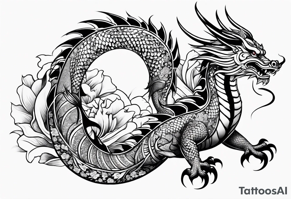 Asian Māori dragon, koi, water, black tattoo idea