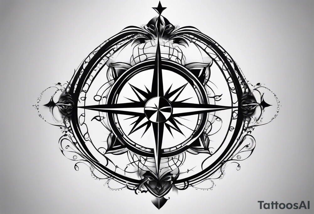 Create a tattoo sketch that visually represents the concept of us having no control of our genetics and free will, and the struggle a mind has with this. Concepts that are fine to include is time, compass rose, dna, breaking chains and consciousness itself. The sketch should have concepts blend and flow into each other. It should be aimed to fit in the left side of a man’s chest, possibly extending a bit up the elbow. tattoo idea