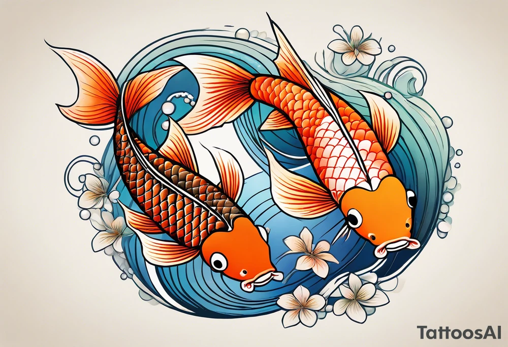 koi fish with a little narrow body, elongated fins, trimmed with pearls, ginko leaves around, minimal color, gradient lines tattoo idea