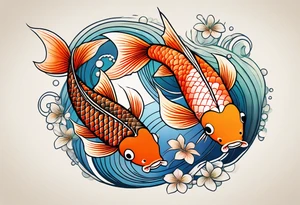 koi fish with a little narrow body, elongated fins, trimmed with pearls, ginko leaves around, minimal color, gradient lines tattoo idea