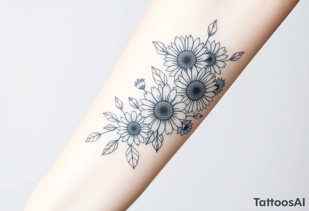 Large floral design with multiple types of flowers including sunflowers covering a large area tattoo idea