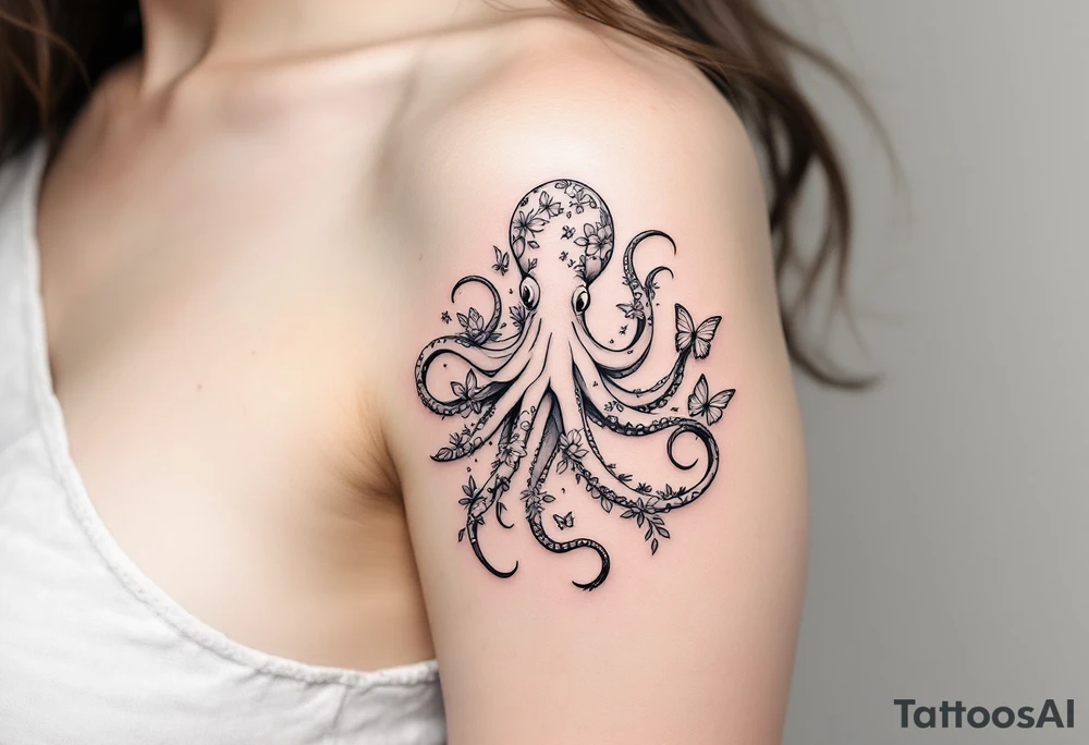 A simple fine-line tattoo design of a single octopus made entirely of flowers and butterflies. The octopus’s tentacles are shaped like flowing floral vines with leaves and petals, and its body is composed of overlapping blossoms and butterfly wings. Incorporate sacred geometry. The style is minimalist, elegant, and nature-inspired, with delicate black and grey lines, soft shading, and no outlines. No aquatic or marine elements besides the floral octopus. Simple. The design flows organically down the upper arm or shoulder, with a light, airy feel, minimalist tattoo idea