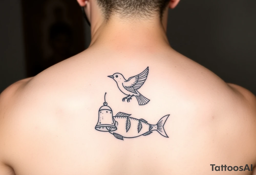minimal fine line bird, bell and fish tattoo tattoo idea