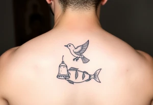 minimal fine line bird, bell and fish tattoo tattoo idea