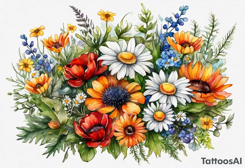 an oval of wildflowers cascading with thistles, ferns, white anemones, sun flowers, red flowers, black flowers, buttercups, orange flowers, babys breath and daisies all in watercolor tattoo idea
