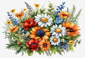 an oval of wildflowers cascading with thistles, ferns, white anemones, sun flowers, red flowers, black flowers, buttercups, orange flowers, babys breath and daisies all in watercolor tattoo idea