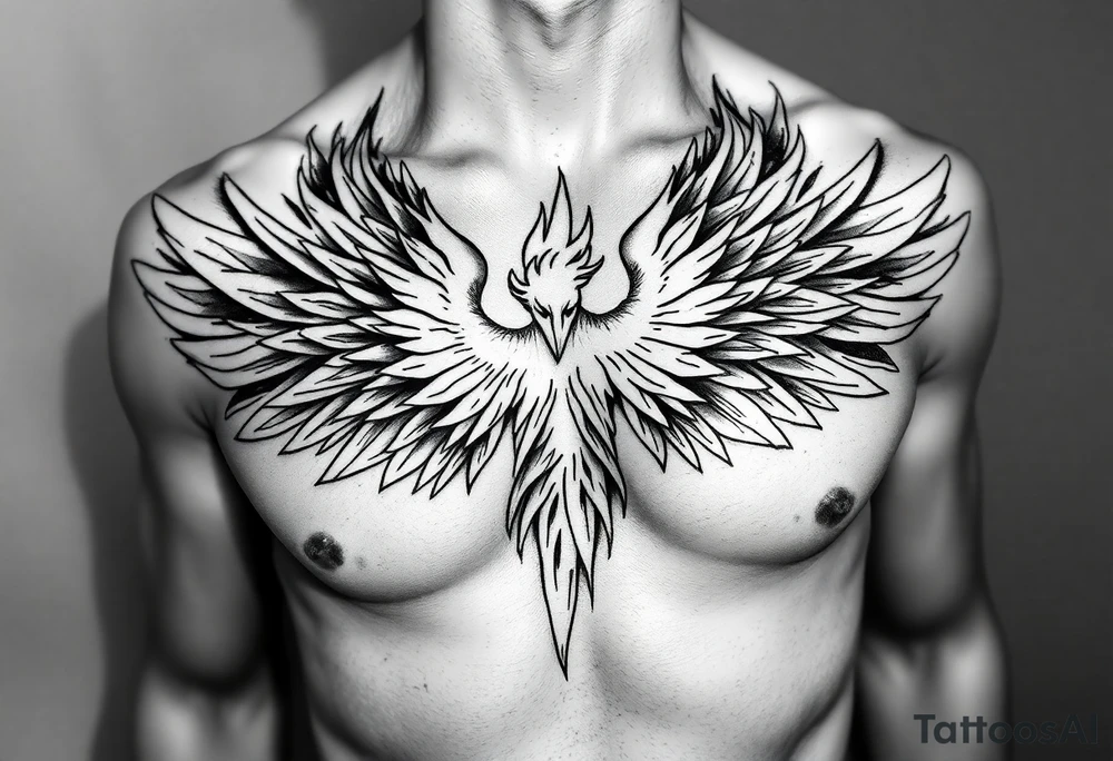 Realistic and symmetrical flaming Phoenix rebirth with spread low wings mapped onto chest
Phoenix head must be in the middle of the chest, straight and symmetrical 
Fire should be surrounding spread wings
Wings should be spread low only on chest muscle tattoo idea