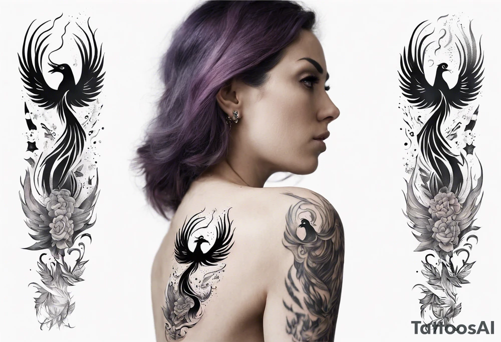 Sleeve tattoo on a woman's arm. Phoenix tattoo idea