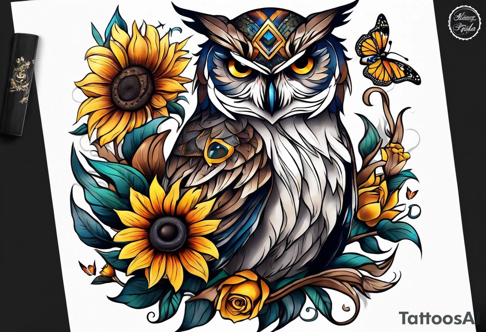 Sleeve with an owl, sunflower and butterfly tattoo idea