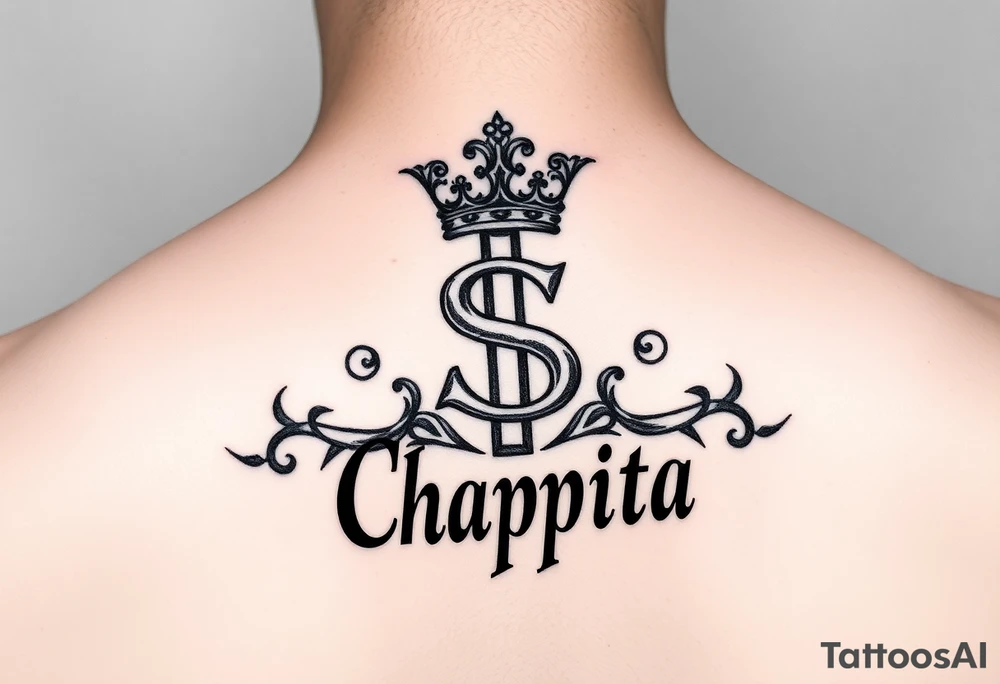 money sign with a crown and the name chapita tattoo idea