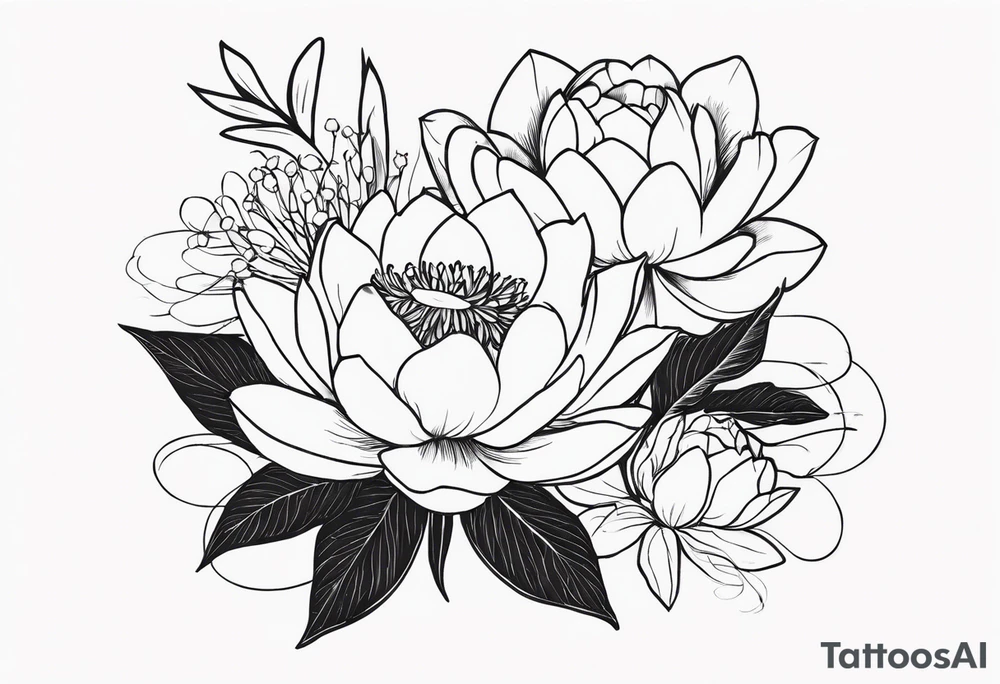 a flower bouquet with water lilies, peonies, and holly branches where the stems come together and say "resilience" in cursive and it is all tied together with a bow that says "september 1, 2009" tattoo idea