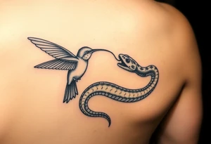 Humming bird looking down at snake while snake tail wrapped around humming bird and snake hissing at humming bird tattoo idea