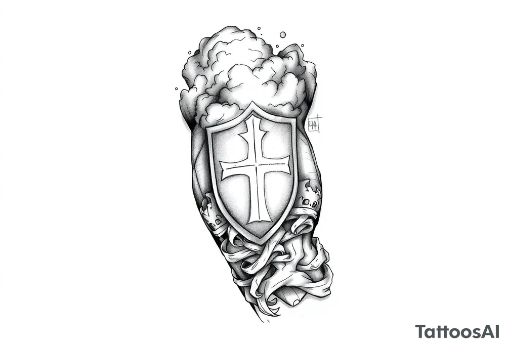Half sleeve. powerful, cloud, shield, cross, sky, The Westgate tattoo idea