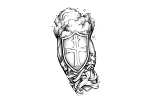 Half sleeve. powerful, cloud, shield, cross, sky, The Westgate tattoo idea