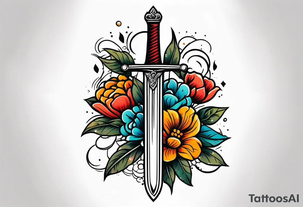 sword traditonal vintage tattoo colorful with flowers tattoo idea