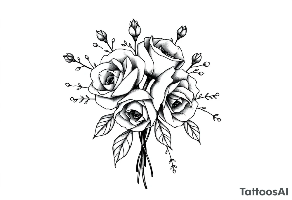 vintage bouquet of wild roses and meadow flowers with morning dew tattoo idea