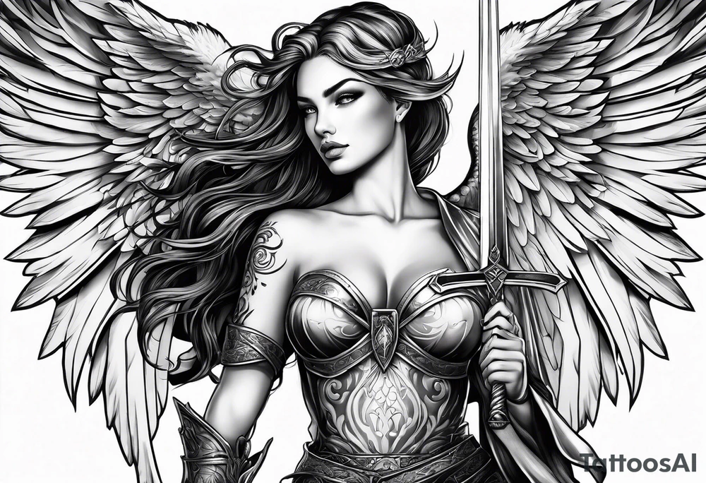 Female angel with sword and dominant tattoo idea
