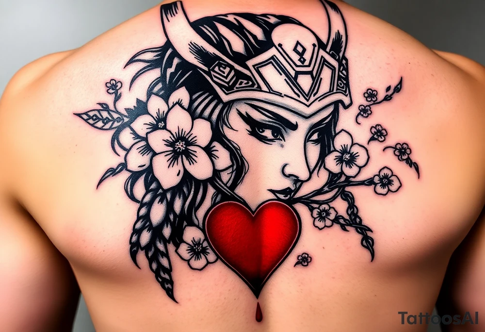 Samurai women warrior face
 with a with cherry blossom with wind red heart tattoo idea