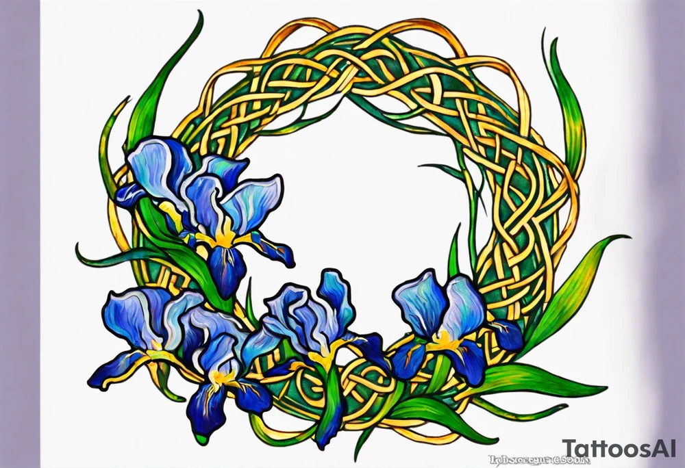 Create a colorful, small Vincent van Gogh Irises tattoo with Celtic knots. The tattoo should take the form of a crescent, with vines gracefully intertwining at a central point in the middle of the wreath. Ensure that the design avoids the appearance of a bush and maintains a more structured and deliberate arrangement. The intended placement is on the upper chest. The overall design should be small in size while maintaining a delicate and artistic aesthetic. Pay attention to the graceful flow of the vines and the placement of the irises to achieve a refined and elegant look tattoo idea