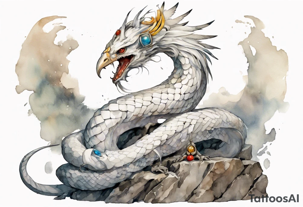 a white bird-serpent hybrid, wearing a iron crown, sitting on a stone tattoo idea