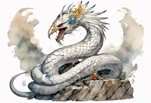 a white bird-serpent hybrid, wearing a iron crown, sitting on a stone tattoo idea