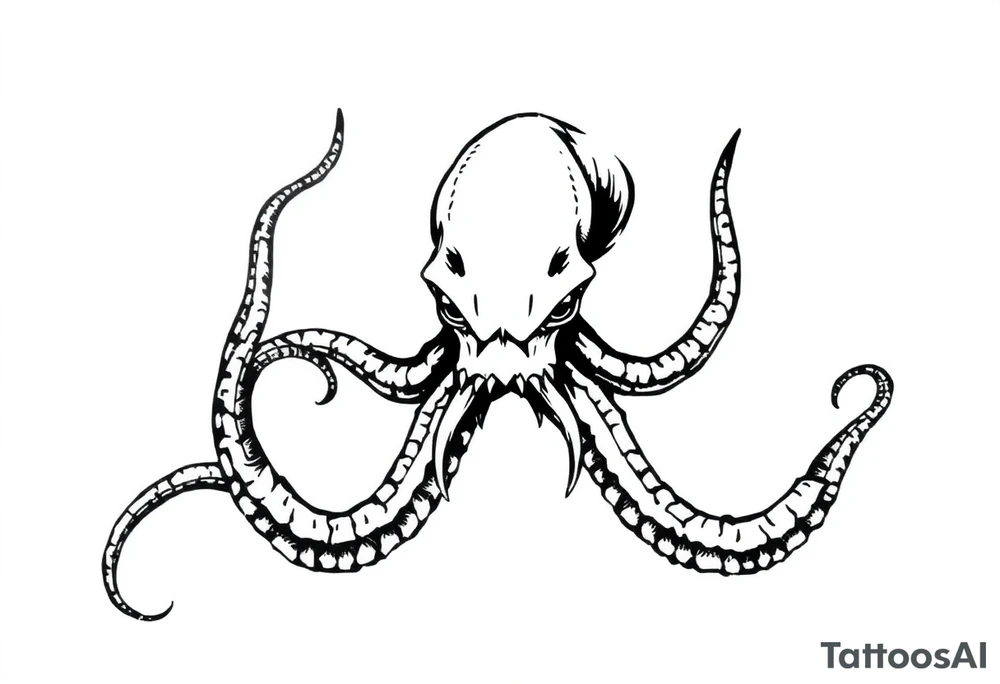 A minimalist blackwork tattoo design of an evil kraken The kraken is viewed from a 45-degree angle facing left, with its head centered. tattoo idea