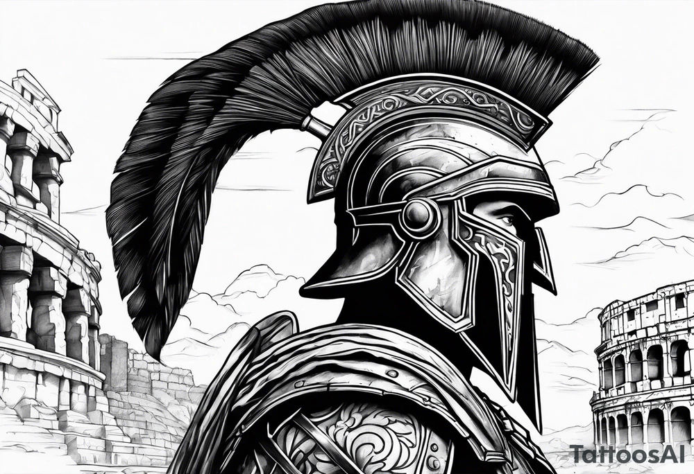 Side profile Spartan Solider ancient roman city far away tattoo idea