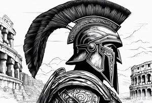 Side profile Spartan Solider ancient roman city far away tattoo idea