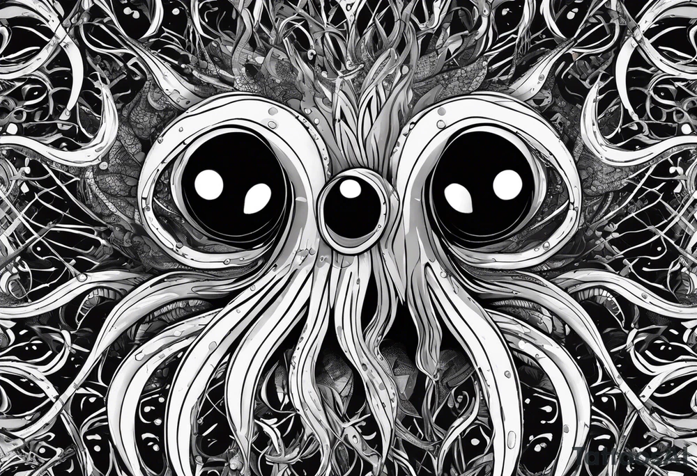 The equivalent of a horror and bizarre squid avatar. twisting and intersecting lines, making it look very wild and chaotic. The eyes of the squid are particularly prominent, one of them is white and the other is black, the overall expression is crazy and intense, with some distressed or damaged texture effects.

Able to change the color of the body and hide in the black sea tattoo idea