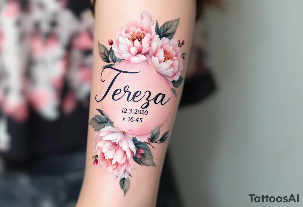 Elegant script of "Tereza" with her birth date 12.3.2020 v 15:45 framed by soft pastel pink peonies tattoo idea